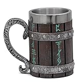 GUASHUAN VikingHolzfass Bierkrug -Edelstahl coole kaffeetasse- Eimerförmiges Trinkgeschirr mit Griff, 14,3 cm lang, 600 ml Volumen Wikinger Becher Wikingergeschenk