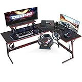 DESINO Eckschreibtisch Gaming 150 x 120 cm, Ergonomic Gamer Schreibtisch l Form, Groß Pc Ecktisch Computertisch Mit Monitorständer, Stabil Metall-Beine Eck Tisch, Schwarz