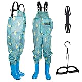 BTONGE Wathose Kinder Anglerhose Wathose mit Stiefel PVC/Nylon Wasserdicht Matschhose Wathose Angler Angeln & Jagd Wathose Watstiefel Regenhose für Jungen Mädchen Kleinkind Kinder, 29 EU Blau