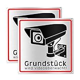 Achtung Videoüberwachung Schild - Hinweisschild - Warnschild für Kameraüberwachung - Gebürstetes Aluminium - 15x15 cm (Metall) (2 STK. Achtung Videoüberwachung)