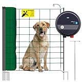 VOSS.PET Hundezaun Set, 50m Elektrozaun Weidezaun Elektronetz Hunde-Set mobil, Einzäunung im Garten, Weidezaungerät fenci M09, 108cm 14 Pfähle 2 Spitzen grün