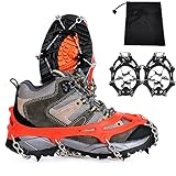 HUOGEE Steigeisen, Anti-Rutsch Schuhspikes mit 8 Zähne, Steigeisen für Bergschuhe, Edelstahl Spikes Schuhkrallen für Wandern Trail Running Trekking Winter im Freien (Schwarz, L)