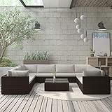 UnfadeMemory Garten-Lounge-Set Gartensofa mit Sitzkissen und Rückenkissen Poly Rattan Gartensofagarnitur Outdoor Rattansofa Loungecouch Gartenmöbel mit Couchtisch (Braun, 9-TLG. Set)