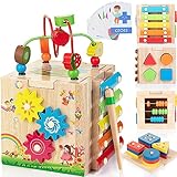 Bravmate Aktivitätswürfel aus Holz | 8-in-1 Montessori-Spielzeug für 18 Monate + Kleinkinder, EIN Jahr alt, erster Geburtstag, Babyspielzeug-Set mit Bonus-Sortier- und Stapelbrett