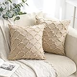 MIULEE Kissenbezüge Gitter Kissenhülle Deko Sofakissen Fransen Kissenbezug Zierkissen Couchkissen Boho Dekokissen Kissen für Sofa Couch Wohnzimmer Schlafzimmer 45x45 cm Beige