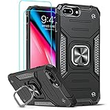 LeYi Hülle für iPhone 8 Plus/7 Plus/iPhone 6s Plus/6 Plus Handyhülle und Panzerglas Schutzfolie (2 Stück), 360 Grad Ring Halter Militär Standard Armor Schutzhülle Silikon Bumper Cover Case Schwarz