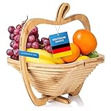 Dimono® Obstkorb aus Bambus Faltkorb, Obstschale, Gemüseschale und Topfuntersetzer Klappkorb & Schneidebrett, 3 in 1 in wunderschönem Apfel-Design