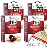 4x Wine Box Tempranillo Rotwein Spanien, trocken, Bag-in-Box, sortenreines Weinpaket + VINOX Weinkarten (4x3,0 l)