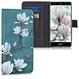 kwmobile Wallet Case kompatibel mit Huawei P10 Lite - Hülle mit Ständer Kartenfächer Magnolien Taupe Weiß Blaugrau