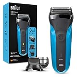 Braun Series 3 Rasierer Herren, 3-in-1-Elektrorasierer, Barttrimmer mit 5 Kammaufsätzen, wiederaufladbarer und kabelloser elektrischer Rasierer, 30 Min Laufzeit, Wet&Dry, 310BT, schwarz/blau