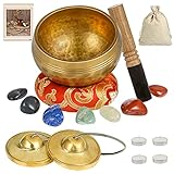 Tibetische Klangschale Set mit Fingerzimbeln und 7 Chakren Heilkristalle, PP OPOUNT Singing Bowl Set für Heilung, Yoga, Meditation, Achtsamkeit und Entspannung