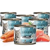 ReaVET Premium Bio Katzenfutter Nass – Frischer Lachs 6 x 200g – Getreidefrei & in Lebensmittelqualität I Natürliches Nassfutter Katze, Viel Saftiger Lachs, Alleinfutter für Katzen