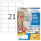 HERMA 12902 Haushalts-Etiketten DIN A4 ablösbar (63,5 x 38,1 mm, 5 Blatt, Papier, matt) selbstklebend, bedruckbar, abziehbare und wieder haftende Universal Aufkleber, 105 Klebeetiketten, weiß