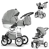 16 teiliges Qualitäts-Reisesystem 3 in 1'COSMO-ECO' - KUNSTLEDER: Kinderwagen + Buggy + Autokindersitz + Schwenkräder - Mega-Ausstattung - in Farbe (CE-20) GRAU KUNSTLEDER-WEIß