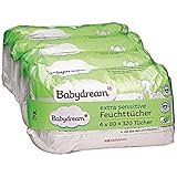 Babydream extra sensitive Feuchttücher 320 Stück 4x80 Tücher für empfindliche Haut, schonende Reinigung, ohne Pafüm, mit Aloe Vera & Allantion, bei Neurodermitis geeignet