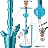 DILAW® Tornado Shisha Set Hookah Aluminium Alu 67cm + LED Licht | Wasserpfeife Kaminkopf Komplettset Molassefänger Closed Chamber 3 Anschlüssen Silikonschlauch Mundstück Tabakkopf Edelstahl Türkis