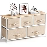 Pipishell Kommode Schmal Schrank mit 5 Schubladen aus Stoff, praktische Aufbewahrungskommode, Ordnungsmöbel für Schlafzimmer, Kinderzimmer, Wohnungseingang, Flur, Beige