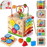 HELLOWOOD 8 in 1 Motorikwürfel ab 1 Jahr Motorikspielzeug mit Stapel- und Sortierbrett Wort Karten(Auf Englisch) Motorikspielzeug Baby Montessori Speilzeug Geschenk für Kinder