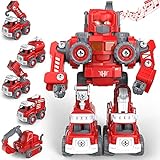 TOYABI Feuerwehrauto, DIY 5 in 1 Auto Spielzeug mit Lichtern und Tönen, STEM Roboter Baukasten Konstruktionsspielzeug für 3 4 5 6 7 8 Jahren Jungen