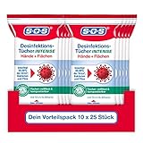 SOS Desinfektionstücher INTENSE für Hände + Flächen | biologisch abbaubar | beseitigen 99,99% der Bakterien, Pilze und Viren* ( z.B. Herpes- Grippe- und Noroviren ) | 10x25