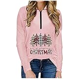 Yacyrtt Pullover Damen Sportlich Heiligabend Cool Sweater Weihnachtsbaum mit Reverskragen Polyester Tuni Sweater Damen Langen ärmeln Mit Reißverschluss Lauschig Coole Rosa