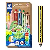 STAEDTLER 3in1 Buntstifte und Kinder Bleistift Noris junior, Bunt-, Wachsmal- und Aquarellstift, sehr dicke Mine, extra bruchsicher, ideal für Kinder, 6 Farben, Spitzer und Bleistift, 140 C6 P1X