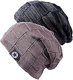 Chalier 2er Slouch Beanie Mütze Damen Herren, Warme Winter Strickmütze mit Fleece Innenfutter Unisex Wintermütze - Schwarz+Braun (C Set)- Einheitsgröße