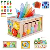 LZDMY Montessori Spielzeug Baby ab 6 Monate, 6-in-1 Tücherbox mit Knistertuch, Motorikwürfel Holzspielzeug 6-12 Monate Jungen Mädchen, Motorikspielzeug für Kinder 1-3, Baby Geschenk