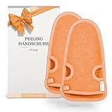 LoWell® 2 Stück Peelinghandschuh - Hamam Peeling Handschuh für Körper und Gesicht - Bonus Peeling Guide und 2 Saugnäpfe - Orange