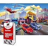 GREAT ART Fototapete Comic Autorennen 210 x 140 cm – Kinderzimmer Cars Abenteuer Feuerwehr Sportwagen Auto Cabrio Jugendtapete Wanddeko Dekoration – 5 Teile Tapete inklusive Kleister