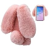 LCHDA Plüsch Hülle für Samsung Galaxy A14 5G Flauschige Hasen Fell Künstliche Kaninchen Pelz Niedlich Hasenohren Mädchen Süße Handytasche Stoßfest Schützend TPU Silikonhülle - Rosa