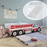 Autobett Kinderbett Jugendbett 70x140 | 80x160 mit Rausfallschutz & Matratze | Feuerwehr Feuerwehrauto Feuerwehrmann Kinder Spielbett