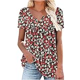 Jayyouu T-Shirts für Frauen Tunika Rundhals Blumendruck T-Shirts Casual Kurzarm Bluse Plissee Tunika Tops mit Rüschensaum, rot, 52