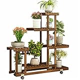 unho Blumenregal Rollbar, Blumenständer mit 6 Ebenen, Blumentreppe aus Holz, Pflanzenregal Balkon Wohzimmer Garten, 95×25×102cm