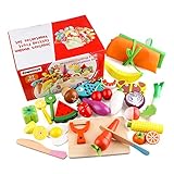 Jacootoys Küchenspielzeug 24 Teile Holz Spielzeug Lebensmittel Obst Gemüse Ebensmittel Küche Kinder Pädagogisches Lernen Set mit magnetischer Verbindung