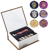 7 Stk Hogwarts Wachssiegel Stempel Set Hogwarts Magische Schule Wachssiegel-Stempel-Set Inklusive 6 Stück Siegelwachs-Stempel Kupfer-Siegel + 1 Holzgriff, ideal für Hogwarts-Themenparty