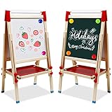 NUKied Kindertafel aus Holz mit Papierrolle Doppelseitige Whiteboard und Tafel Kinder Staffelei mit Zahlen und Anderem Zubehör für Kinder und Kleinkinder (T04)