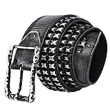 Snap on Dreireihiger Distressed Nietengürtel Metall Punk Rock Star Niete Vintage Vollnarben Rindsleder Gürtel Für Herren Damen(Color:Black,Size:110)