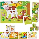 Holz - Bilderwürfel / Würfelpuzzle - Tiere - Eisenbahn & Jahreszeiten - Puzzle 12 Teile / Bausteine - mit Vorlagen - für Baby Kinder / Mädchen Jungen - Holzpu..