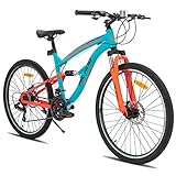 Hiland 26 Zoll Vollfederung Doppelfederung Fully Mountainbike 21 Gang ​​MTB Fahrrad für Jungen und mädchen Fully Multifunktions Fahrrad für Damen Herren Jungendliche Orange/Blau