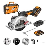 WORX Akku-Kreissäge 18V(20V MAX) WX531.1, 120 mm, PowerShare, 0-46° Schrägschnittverstellung, tragbar und kompakt, bürstenloser Motor, 3 Sägeblätter, 2 Akkus im Lieferumfang