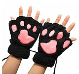 Demarkt Niedlich Katze Klaue Bär Pfote Plüsch Fingerlose Handschuhe Winter Halbfingerhandschuhe für Damen Mädchen ein Paar (Schwarz)