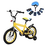 MUGRANG 14' Kinder Fahrrad Mädchen Fahrrad mit Verstellbaren Schonerset Kinder Helm 7 in 1 Knieschoner Helm für 3-8 Jahre(Gelb)