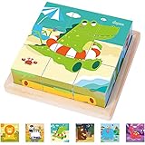 Japace Würfelpuzzle, 3D Bildwürfel Puzzle Spiele 6 in 1 Tier-Motive Holzpuzzle für Kinder ab 1 2 3 4 Jahre, Montessori Lernspielzeug Geschenk für Jungen und Mädchen