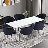 kevinplus Küche Esstisch Set 7-teilig Essgruppen mit 6 schwarz Samt Stühlen Modern Esszimmerstuhl für Esszimmer, Wohnung, Esszimmergruppe Sitzgruppe 160x 80x 75 cm(Lx Bx H) Weiß & Gold Maserung