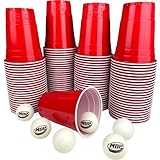 Bierpong Becher Set mit 100 Party Red Cups 16 oz + 6 Beer Pong Bällen | Das Festival Zubehör 2022 | Stabile Rote Plastikbecher 0,5 | Bestes Beer Pong Tisch Zubehör | Beerpongbecher Trinkspiel