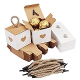 Belle Vous Kleine Geschenkboxen Weiß & Braun mit Herz (50 Stk) - 5,5 x 5,5 x 5,5cm Geschenk Schachtel Box aus Karton Kraftpapier Pappschachteln für Süßwaren, Gastgeschenke, Hochzeit, Party, Geburtstag