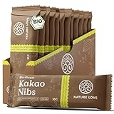 NATURE LOVE® Bio-Riegel Kakao Nibs – Vegan mit Bio Datteln, Mandeln und Kakaonibs – 12 x 30g Rohkostriegel – Ballaststoffquelle – Superfood