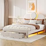 Bett 140x200 mit LED und Kopfteil,LED-Bett mit Stauraum 2 Schubladen,Stauraumbetten Jugendbett Bettgestell,Doppelbett mit Stauraum und Lattenrost,Polsterbett mit Lichtleiste,Ohne Matratze,Beige