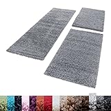 Unbekannt Shaggy Hochflor Teppich Carpet 3TLG Bettumrandung Läufer Set Schlafzimmer Flur, Farbe:Hellgrau, Bettset:2x60x110+1x80x150